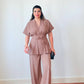CROSSOVER NECK BELT DETAIL WIDE-LEG CO-ORD SET - BROWN