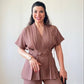 CROSSOVER NECK BELT DETAIL WIDE-LEG CO-ORD SET - BROWN