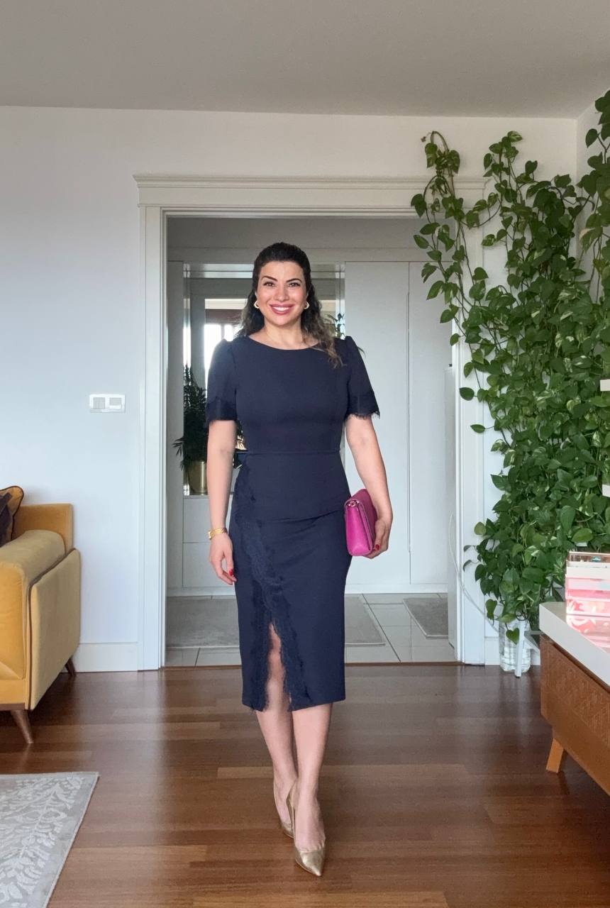 SHORT SLEEVE LACE DETAIL MIDI DRESS – NAVY BLUE