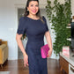 SHORT SLEEVE LACE DETAIL MIDI DRESS – NAVY BLUE