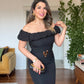 OFF-SHOULDER RUFFLE DETAIL MIDI DRESS WITH DECORATIVE BELT ACCENT - BLACK
