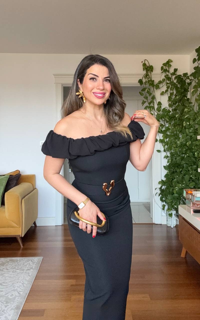 OFF-SHOULDER RUFFLE DETAIL MIDI DRESS WITH DECORATIVE BELT ACCENT - BLACK