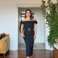 OFF-SHOULDER RUFFLE DETAIL MIDI DRESS WITH DECORATIVE BELT ACCENT - BLACK