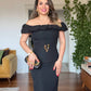 OFF-SHOULDER RUFFLE DETAIL MIDI DRESS WITH DECORATIVE BELT ACCENT - BLACK