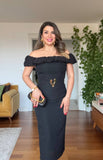 OFF-SHOULDER RUFFLE DETAIL MIDI DRESS WITH DECORATIVE BELT ACCENT - BLACK