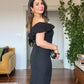 OFF-SHOULDER RUFFLE DETAIL MIDI DRESS WITH DECORATIVE BELT ACCENT - BLACK