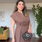 GOLD DETAIL DOUBLE-BREASTED SLEEVELESS BLACK DRESS - BROWN