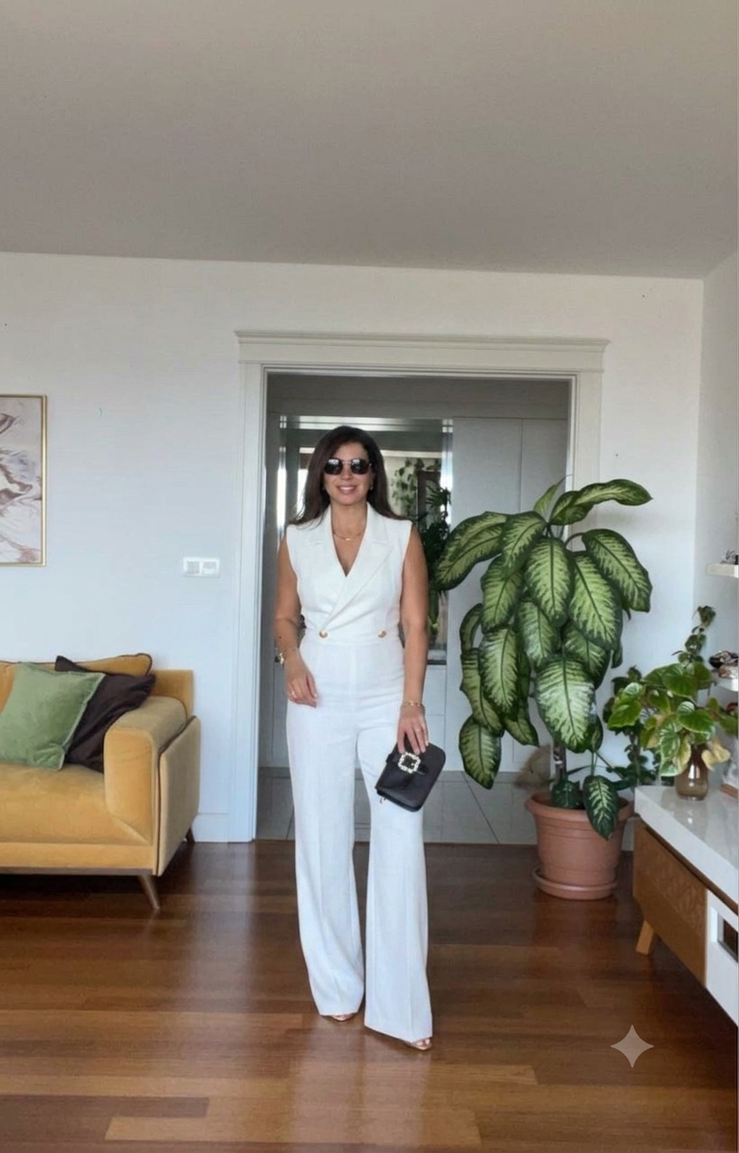 STONE DETAIL NECK JUMPSUIT - WHİTE