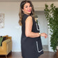 CONTRAST PIPING BELTED SLEEVELESS BLAZER AND TROUSERS SET - BLACK