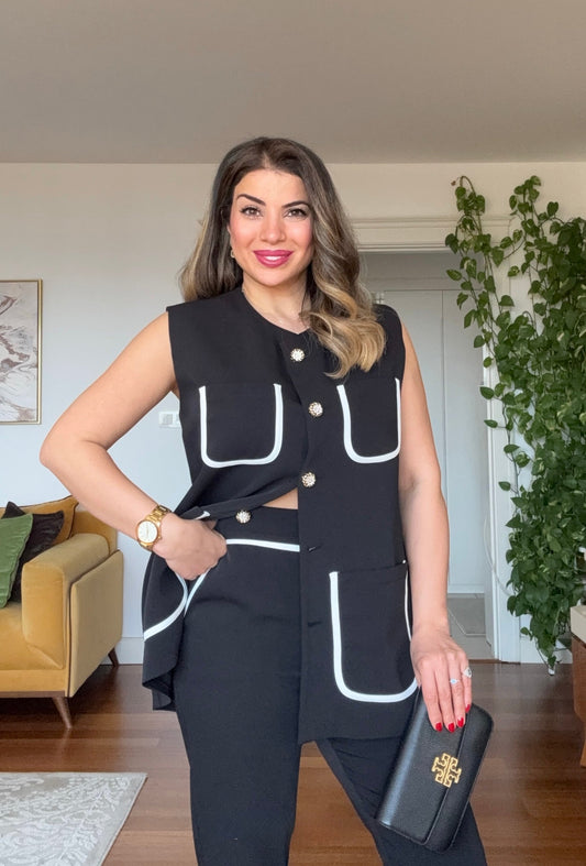 CONTRAST PIPING BELTED SLEEVELESS BLAZER AND TROUSERS SET - BLACK