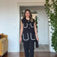 CONTRAST PIPING BELTED SLEEVELESS BLAZER AND TROUSERS SET - BLACK
