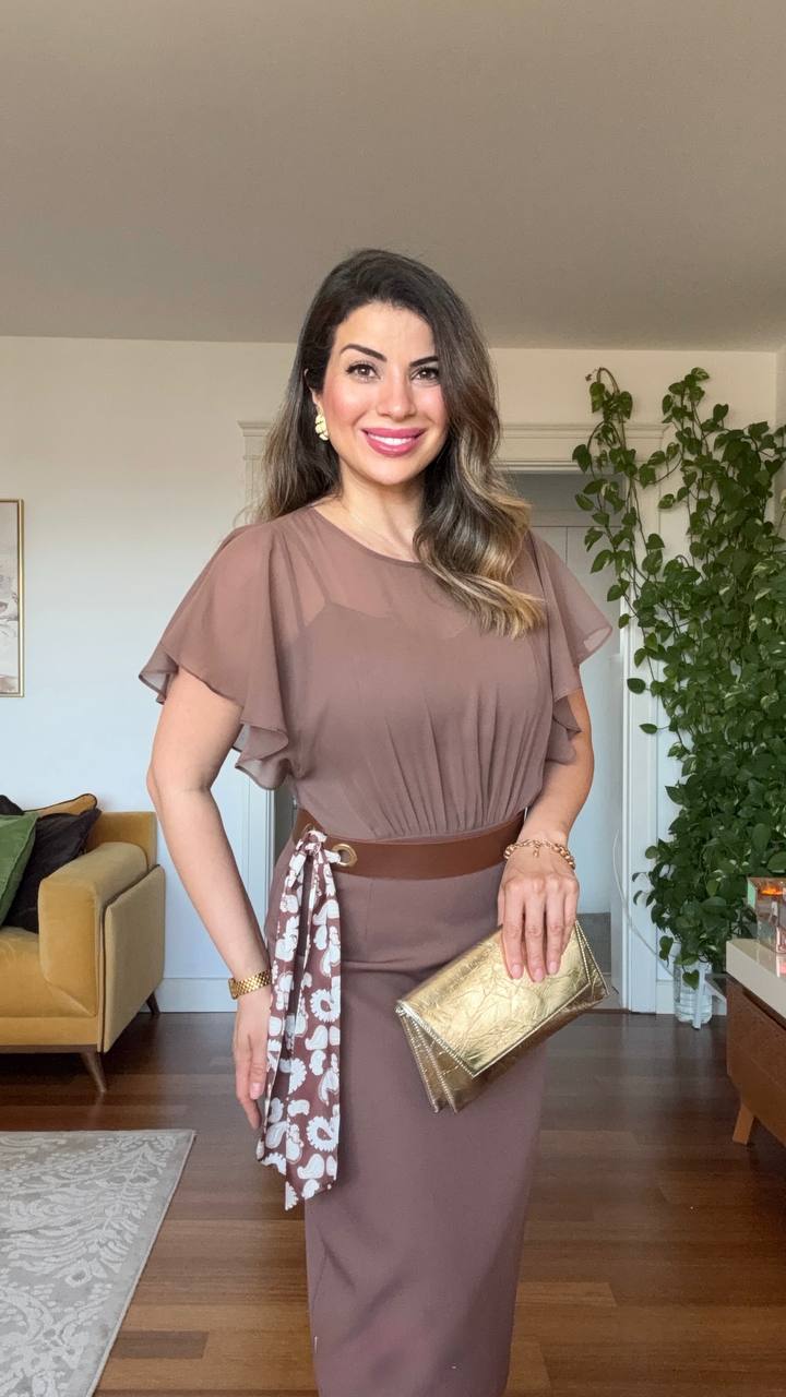 CHIFFON DETAILED MIDI DRESS WITH BELT ACCESSORY - BROWN