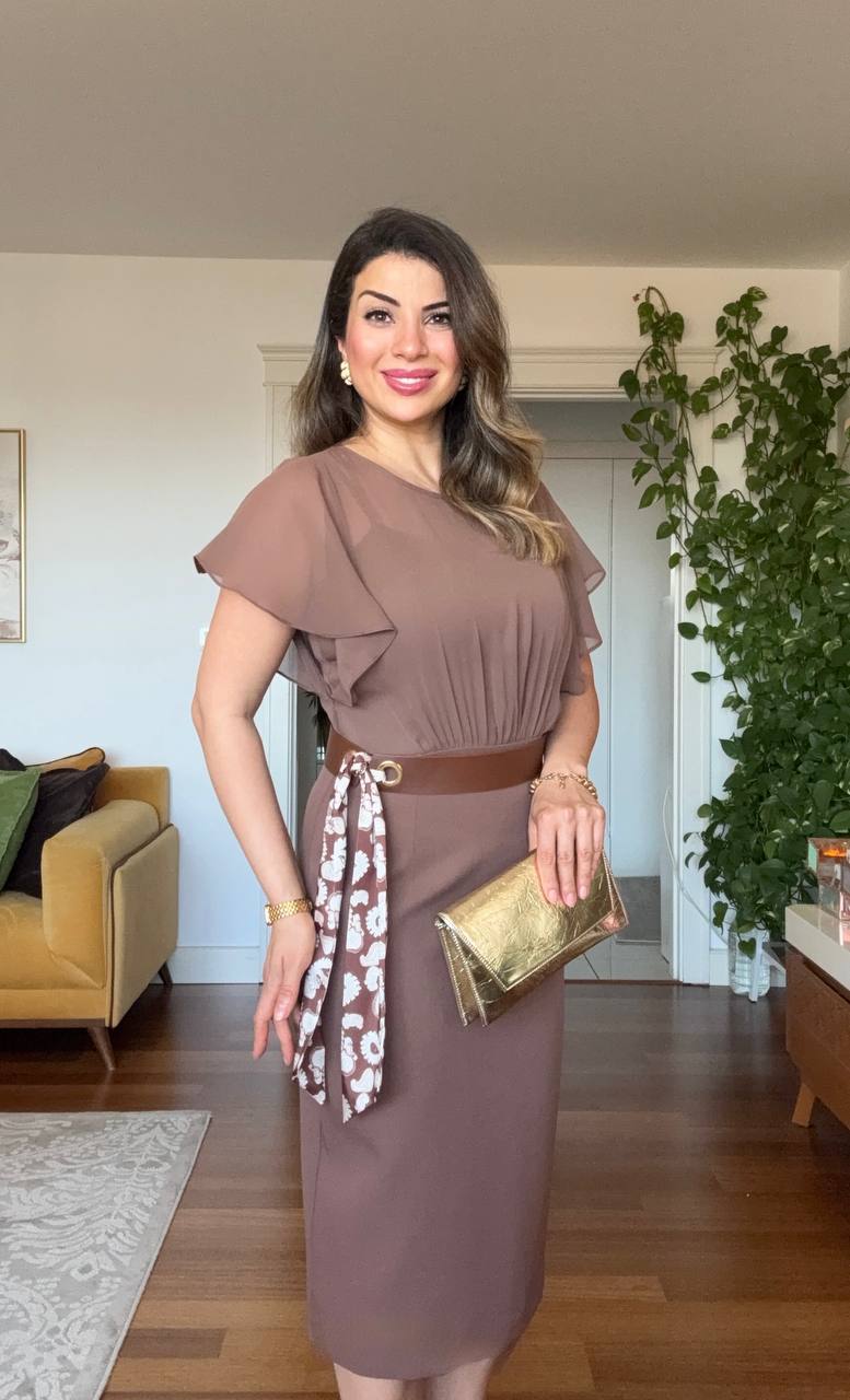 CHIFFON DETAILED MIDI DRESS WITH BELT ACCESSORY - BROWN