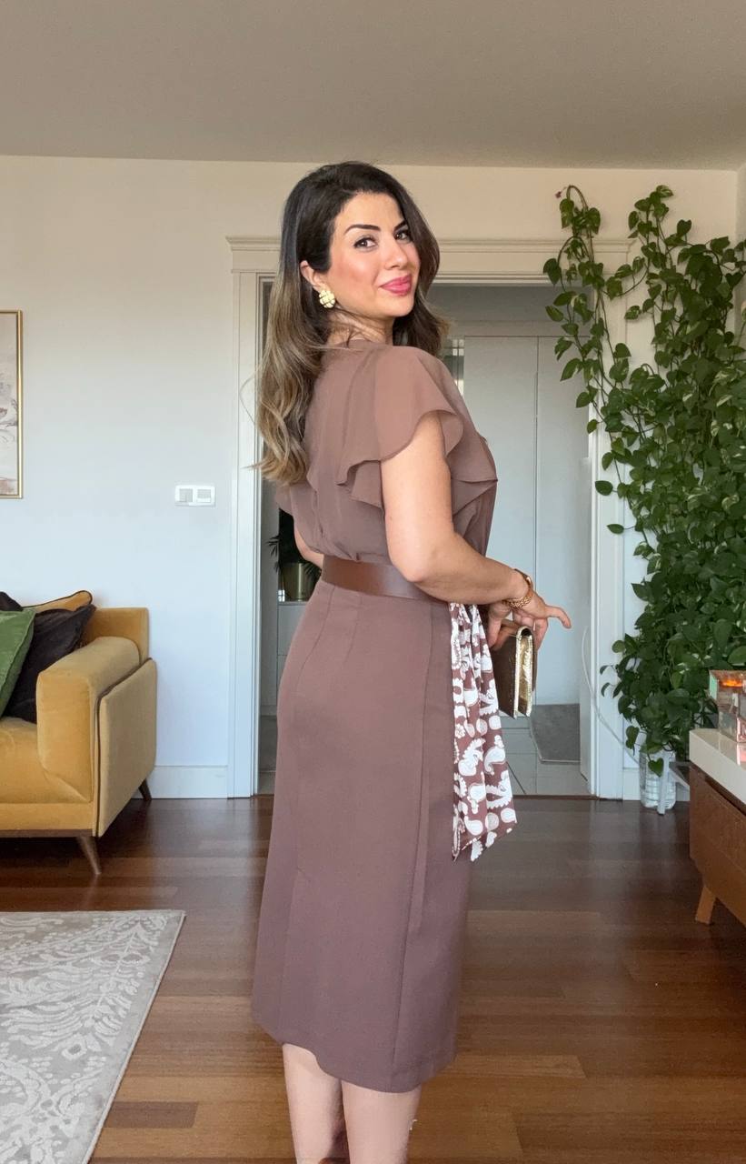 CHIFFON DETAILED MIDI DRESS WITH BELT ACCESSORY - BROWN