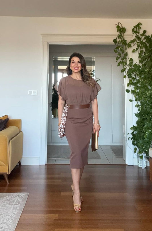 CHIFFON DETAILED MIDI DRESS WITH BELT ACCESSORY - BROWN