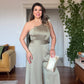 ONE-SHOULDER CHAIN DETAIL SATIN JUMPSUIT - MINT