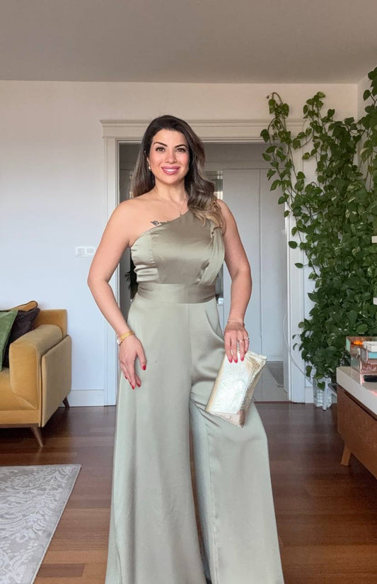 ONE-SHOULDER CHAIN DETAIL SATIN JUMPSUIT - MINT