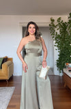 ONE-SHOULDER CHAIN DETAIL SATIN JUMPSUIT - MINT