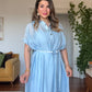 LINEN-LOOK SHIRT COLLAR LINED MIDI DRESS WITH BRAIDED BELT DETAIL - BABY BLUE