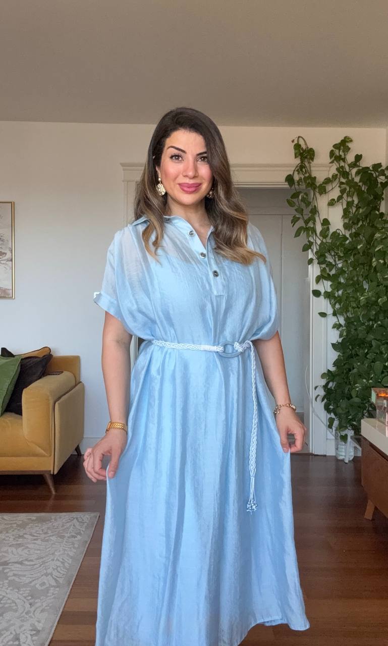 LINEN-LOOK SHIRT COLLAR LINED MIDI DRESS WITH BRAIDED BELT DETAIL - BABY BLUE