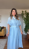 LINEN-LOOK SHIRT COLLAR LINED MIDI DRESS WITH BRAIDED BELT DETAIL - BABY BLUE