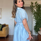 LINEN-LOOK SHIRT COLLAR LINED MIDI DRESS WITH BRAIDED BELT DETAIL - BABY BLUE