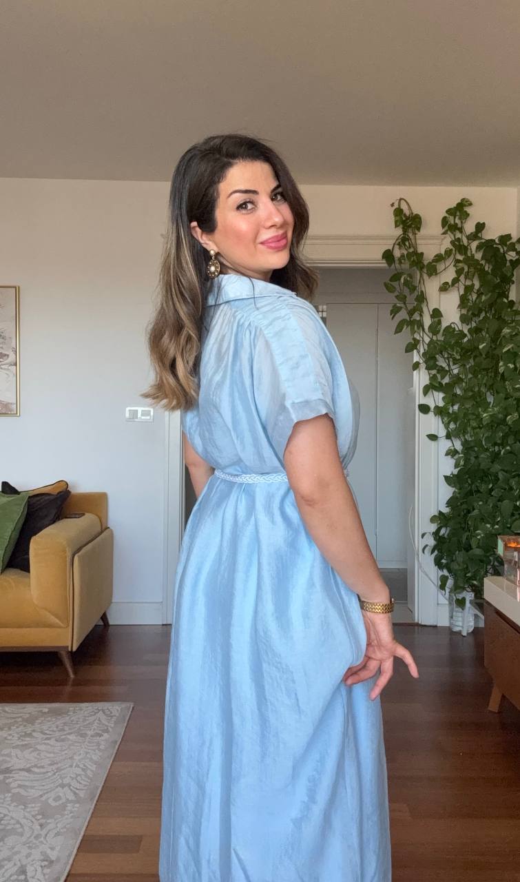 LINEN-LOOK SHIRT COLLAR LINED MIDI DRESS WITH BRAIDED BELT DETAIL - BABY BLUE