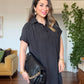 LINEN-LOOK SHIRT COLLAR LINED MIDI DRESS WITH BRAIDED BELT DETAIL - BLACK