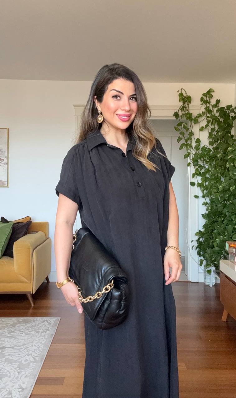 LINEN-LOOK SHIRT COLLAR LINED MIDI DRESS WITH BRAIDED BELT DETAIL - BLACK
