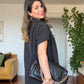 LINEN-LOOK SHIRT COLLAR LINED MIDI DRESS WITH BRAIDED BELT DETAIL - BLACK