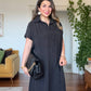 LINEN-LOOK SHIRT COLLAR LINED MIDI DRESS WITH BRAIDED BELT DETAIL - BLACK