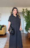 LINEN-LOOK SHIRT COLLAR LINED MIDI DRESS WITH BRAIDED BELT DETAIL - BLACK