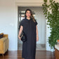 LINEN-LOOK SHIRT COLLAR LINED MIDI DRESS WITH BRAIDED BELT DETAIL - BLACK