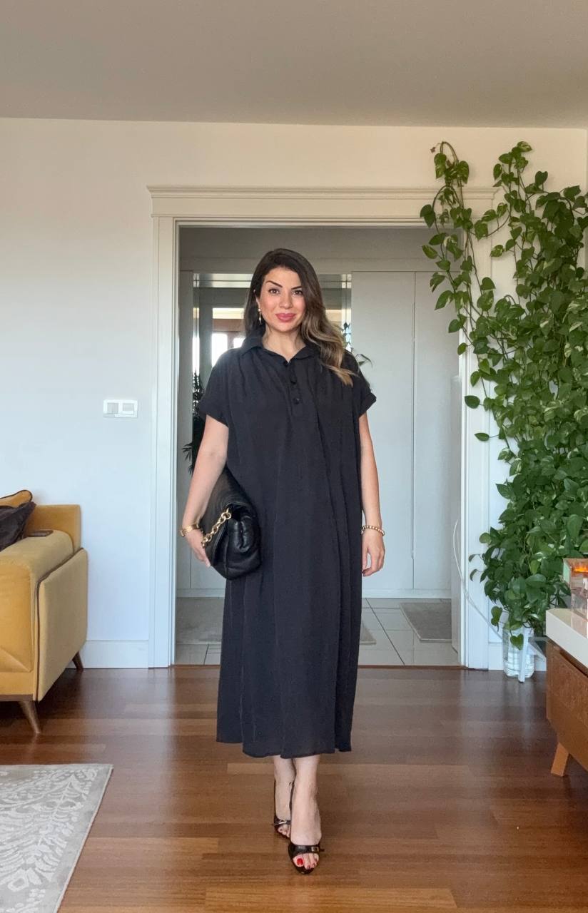 LINEN-LOOK SHIRT COLLAR LINED MIDI DRESS WITH BRAIDED BELT DETAIL - BLACK