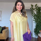LINEN-LOOK SHIRT COLLAR LINED MIDI DRESS WITH BRAIDED BELT DETAIL - YELLOW