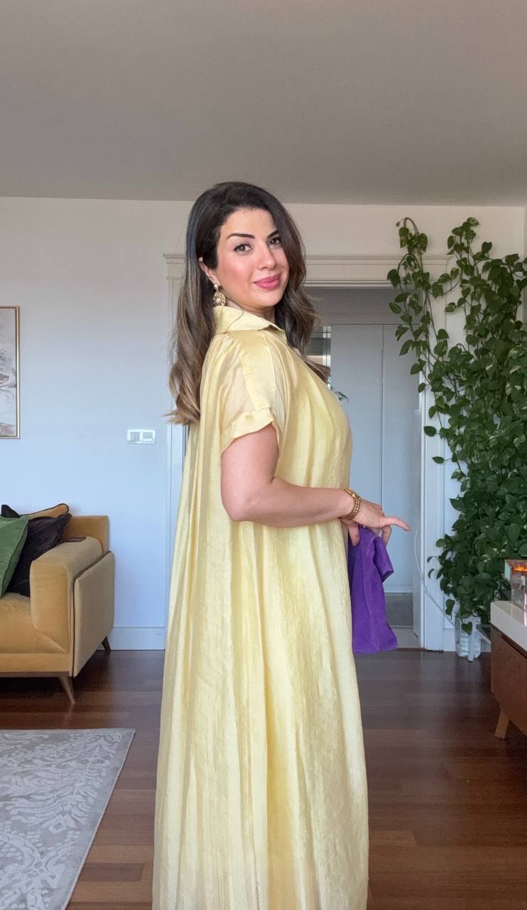 LINEN-LOOK SHIRT COLLAR LINED MIDI DRESS WITH BRAIDED BELT DETAIL - YELLOW