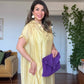 LINEN-LOOK SHIRT COLLAR LINED MIDI DRESS WITH BRAIDED BELT DETAIL - YELLOW