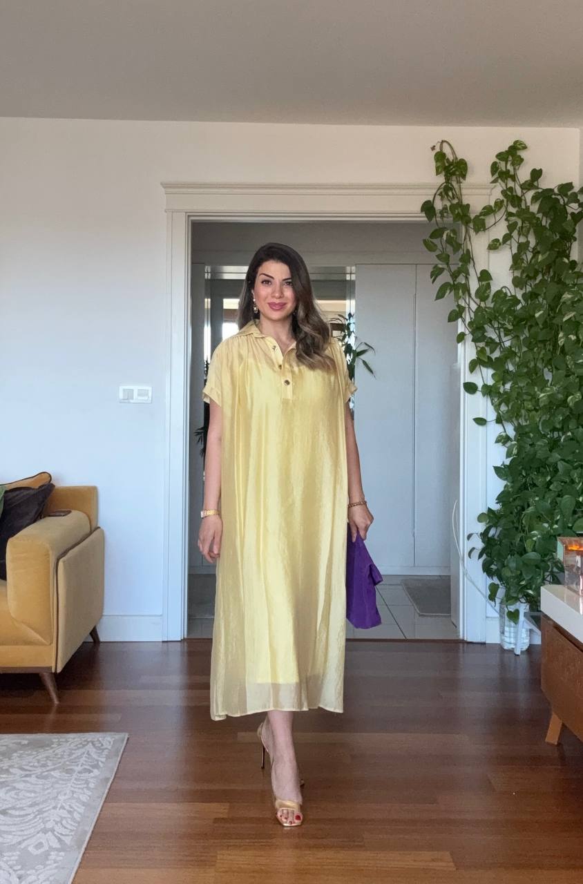 LINEN-LOOK SHIRT COLLAR LINED MIDI DRESS WITH BRAIDED BELT DETAIL - YELLOW