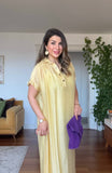 LINEN-LOOK SHIRT COLLAR LINED MIDI DRESS WITH BRAIDED BELT DETAIL - YELLOW