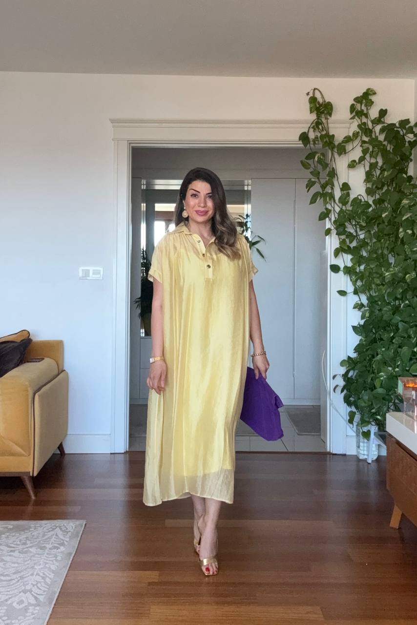 LINEN-LOOK SHIRT COLLAR LINED MIDI DRESS WITH BRAIDED BELT DETAIL - YELLOW