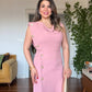 GOLD BUTTON DETAIL DRAPED MIDI DRESS - POWDER PINK
