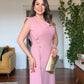 GOLD BUTTON DETAIL DRAPED MIDI DRESS - POWDER PINK