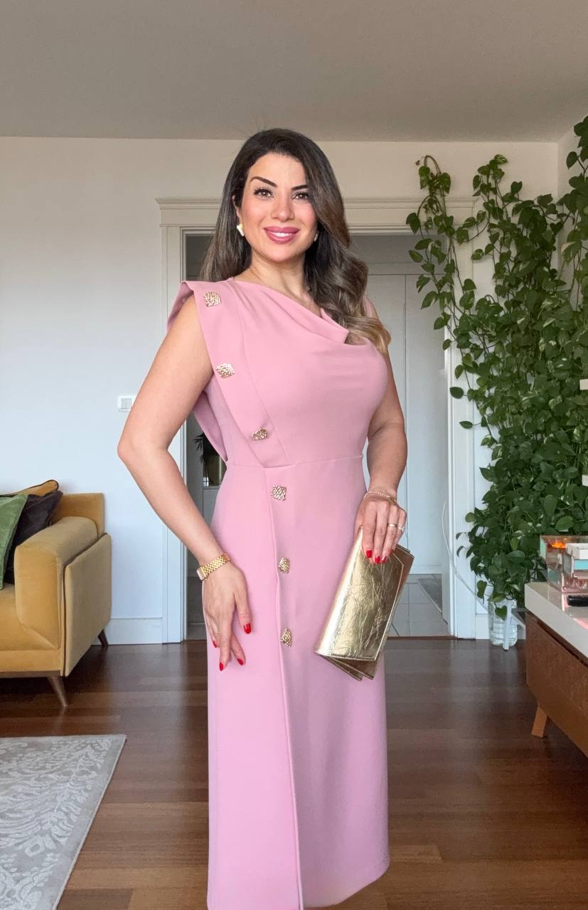 GOLD BUTTON DETAIL DRAPED MIDI DRESS - POWDER PINK
