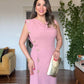 GOLD BUTTON DETAIL DRAPED MIDI DRESS - POWDER PINK