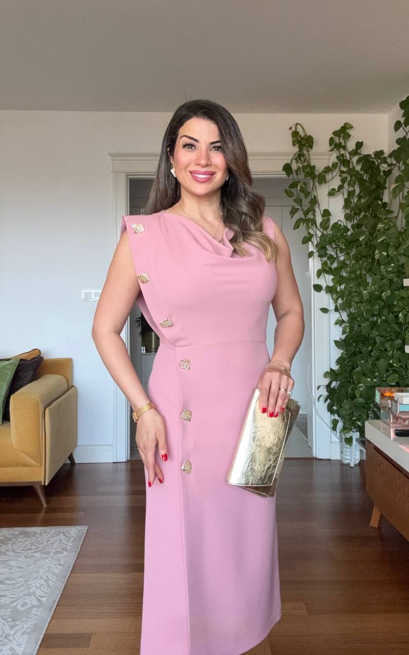 GOLD BUTTON DETAIL DRAPED MIDI DRESS - POWDER PINK