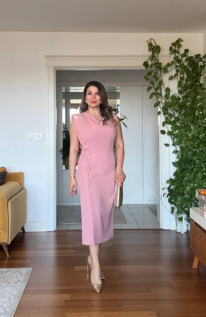 GOLD BUTTON DETAIL DRAPED MIDI DRESS - POWDER PINK
