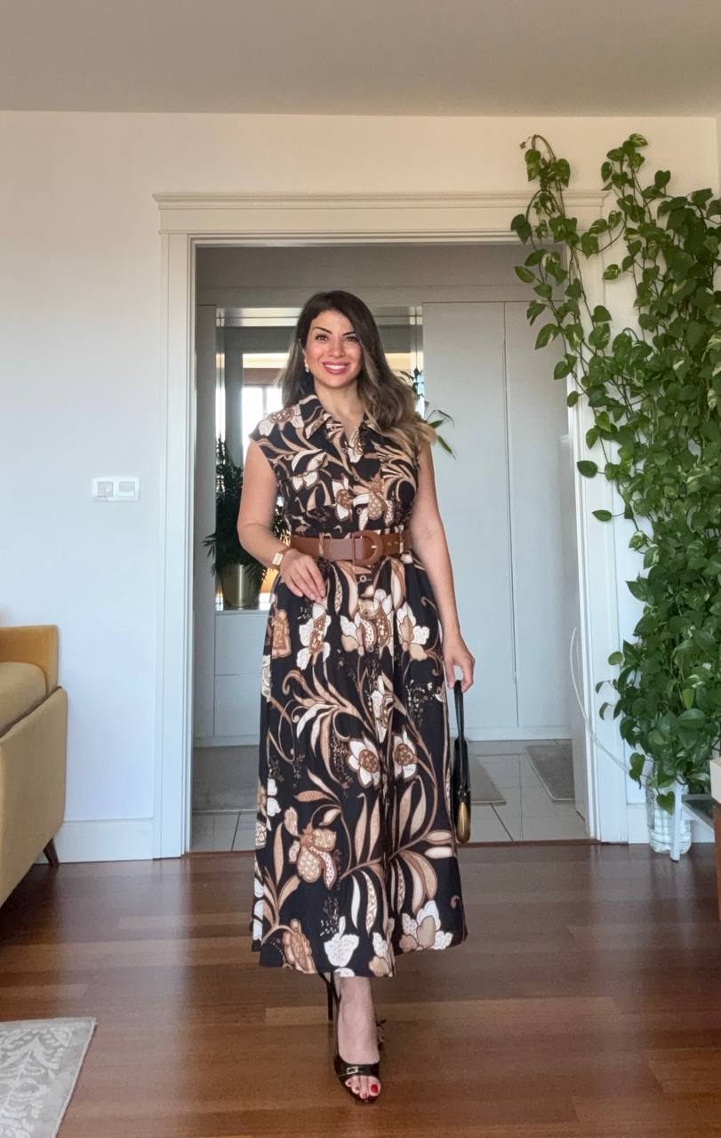 FLORAL PATTERNED BELTED MAXI DRESS - BLACK