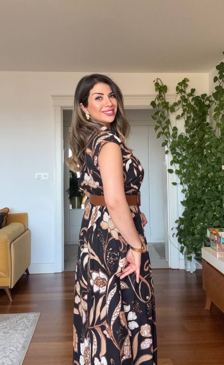 FLORAL PATTERNED BELTED MAXI DRESS - BLACK
