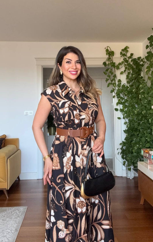 FLORAL PATTERNED BELTED MAXI DRESS - BLACK