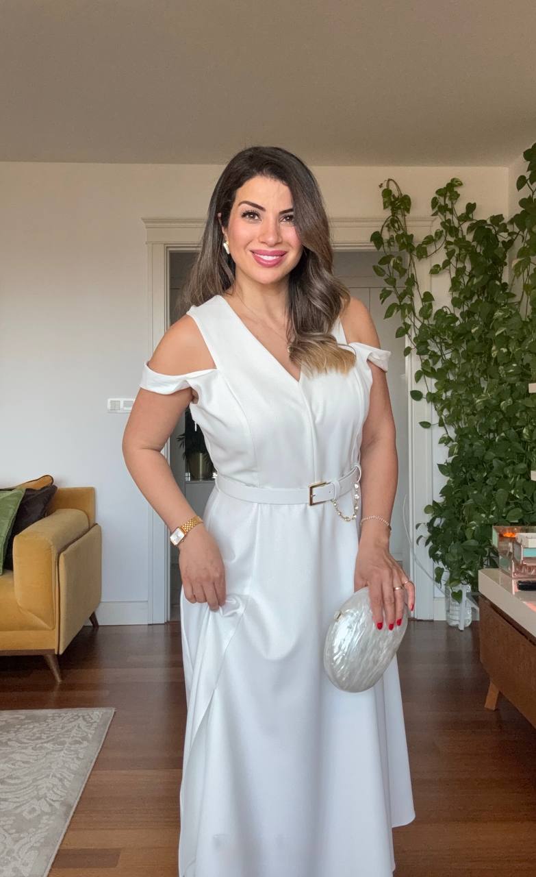 COLD-SHOULDER A-LINE DRESS - WHITE